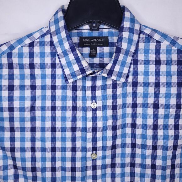 Banana Republic Shirt Mens Large Check Blue, White Non Iron Tailored Slim Fit - Picture 1 of 11